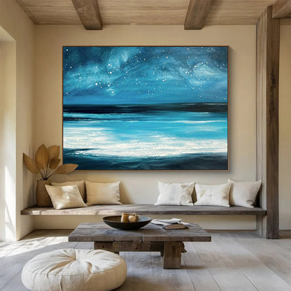Vibrant Blue Galaxy and Ocean “Celestial Coastal Dream” Painting On Canvas DKH104