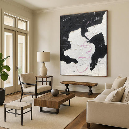 Black, White & Pink Textured Forms, “Playful Chaos” - Impasto Abstract Painting CT0773