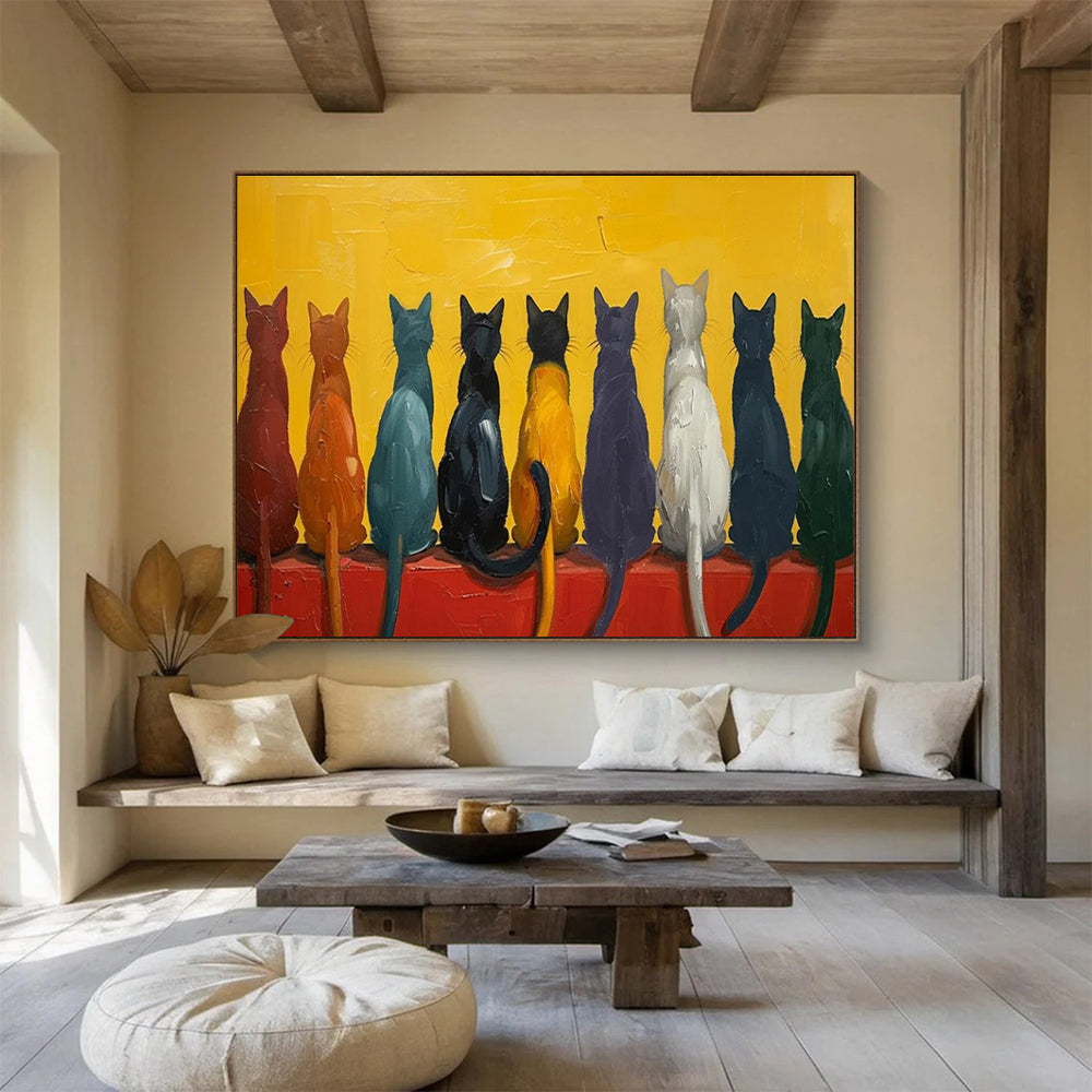 “Colorful Cat Lineup” - Whimsical Animal Painting On Canvas DKH838