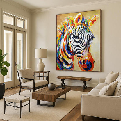 Colorful Zebra Portrait in Vibrant Hues - Wildlife Painting On Canvas DKH1442