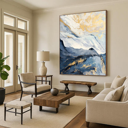 “Blue - Gray Mountain with Gold Streaks” - Blue, Gray & Gold Abstract Landscape Painting On Canvas DKH0943