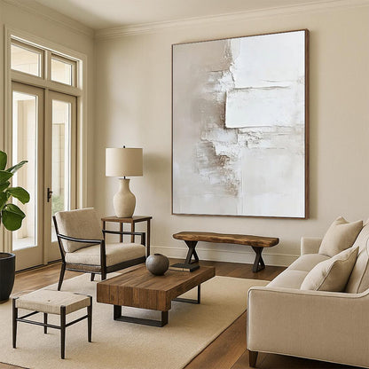 “White & Beige Layered Plaster Abstract” Painting On Canvas DKH0978