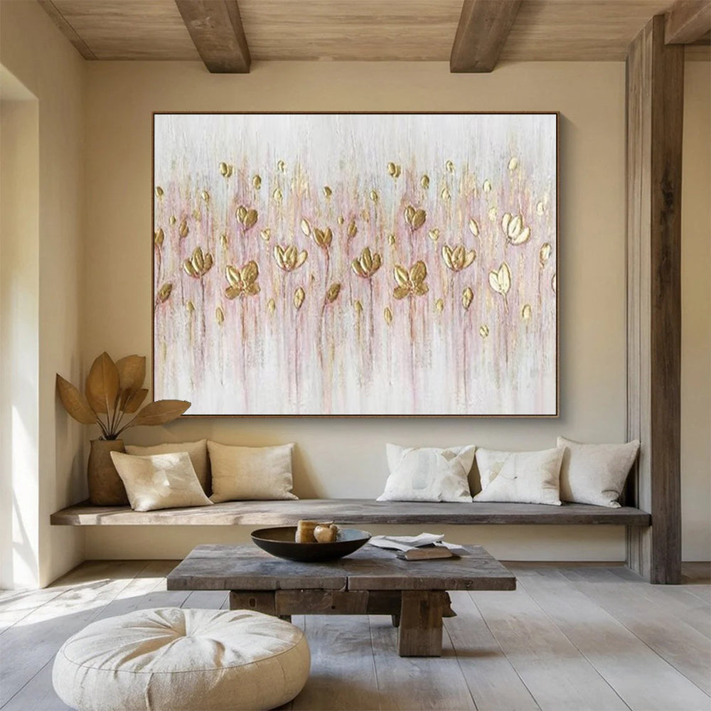 Golden Wildflowers - Pink & Gold Delicate Floral Painting On Canvas DKH875