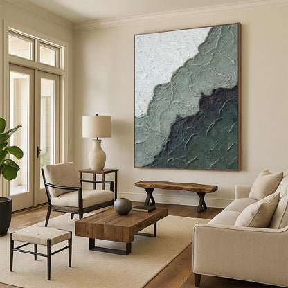 “Textured Green & Gray Mountains” - Green, Gray & Black Textured Abstract Landscape Painting On Canvas DKH1212