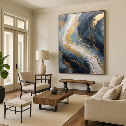 “Blue & Gold Marbled Flow” - Fluid Abstract Painting On Canvas DKH1599