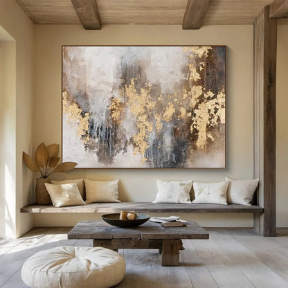 “Gold - Accented Abstract” Abstract Mixed - Media Painting On Canvas DKH413