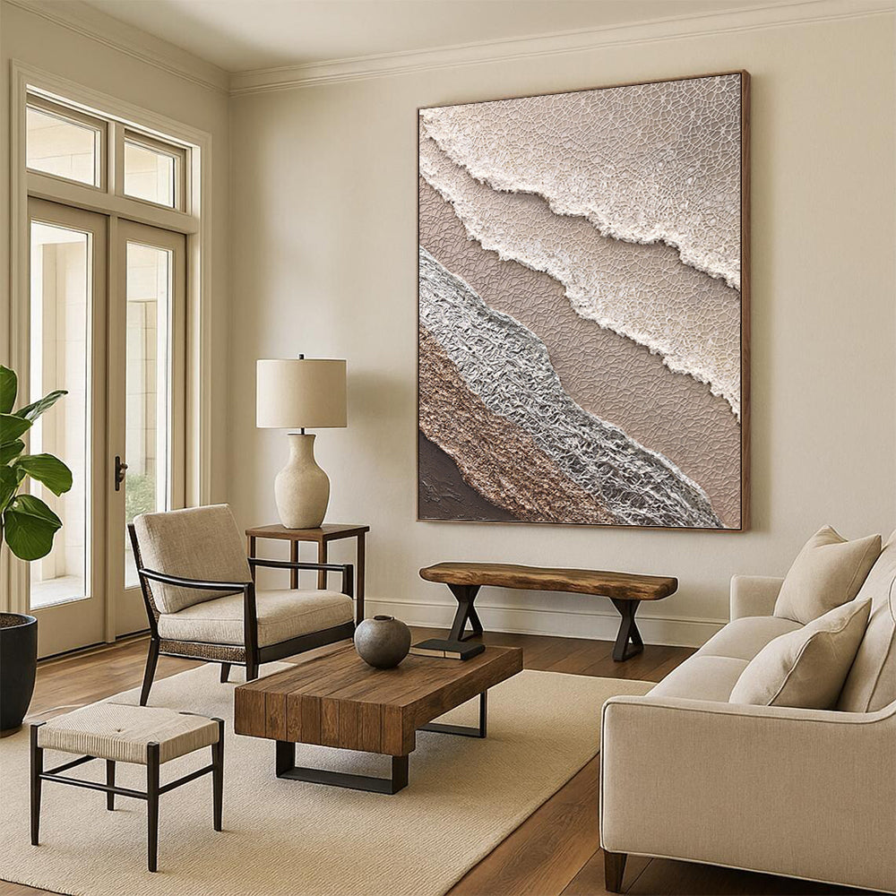 “Beige, White & Silver Textured Layered Abstract” Painting On Canvas DKH0988