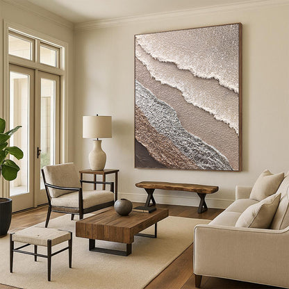 “Beige, White & Silver Textured Layered Abstract” Painting On Canvas DKH0988
