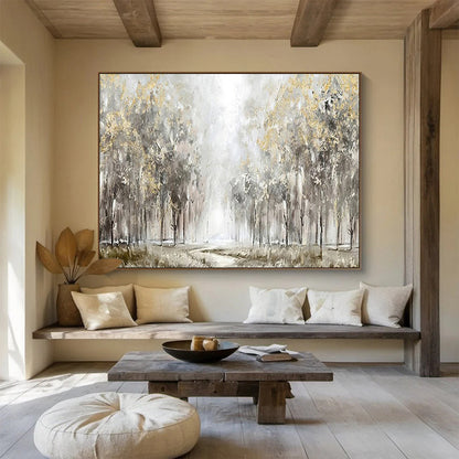 “Golden Forest Path” - Gray, Gold, Green Textured Landscape Painting On Canvas DKH737