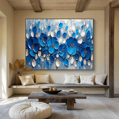 Blue and White Textured Flowers - 3D Botanical Painting On Canvas DLZ173