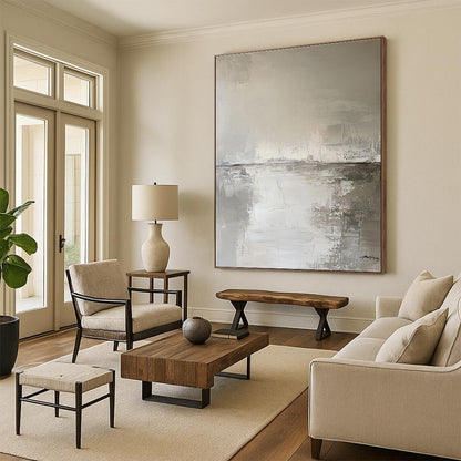 Gray & White Textured Landscape, “Misty Horizon” - Impasto Abstract Landscape Painting CT0772