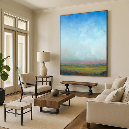 “Soft Sky and Golden Fields” - Blue, Green & Yellow Landscape Painting On Canvas DKH0935