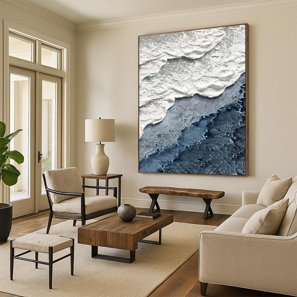 “White, Gray, Blue Textured Shore ‘Coastal Layers’” - Impasto Sea & Sand Painting On Canvas DTP325