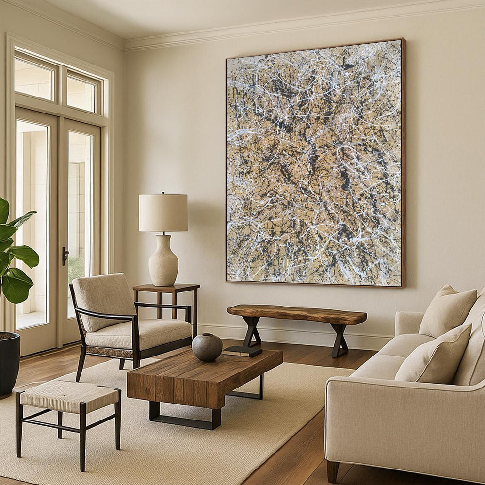 “Beige and Black Web” - Beige and Black Abstract Drip Painting On Canvas DKH1574