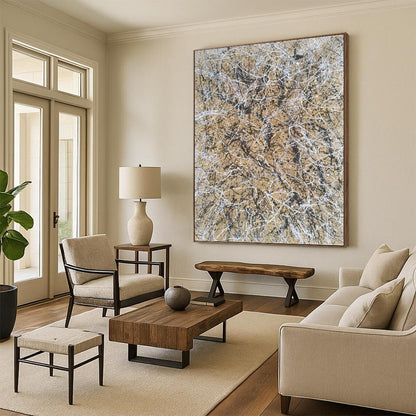 “Beige and Black Web” - Beige and Black Abstract Drip Painting On Canvas DKH1574