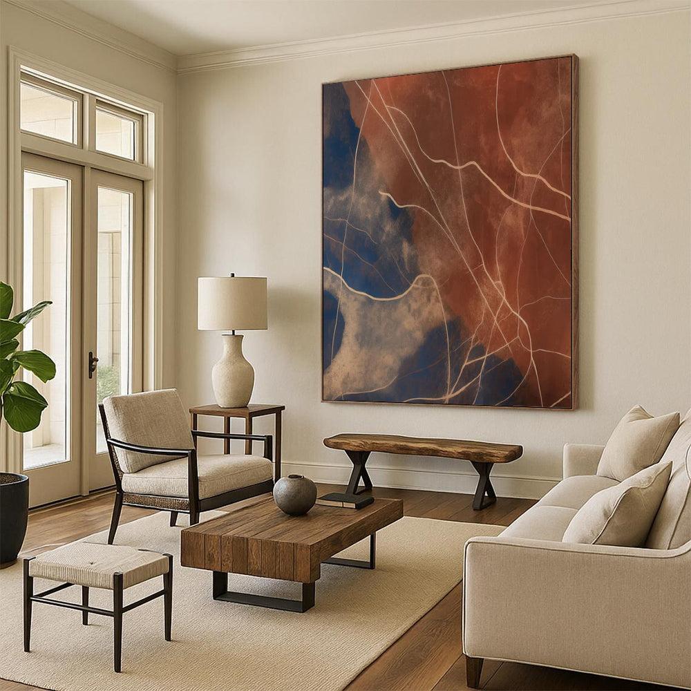 “Blue - Brown Line Abstract” - Minimalist Abstract Painting On Canvas DTP120