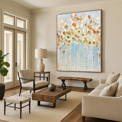 Textured Trees in Gold, White, and Blue - Landscape Painting On Canvas DKH1441