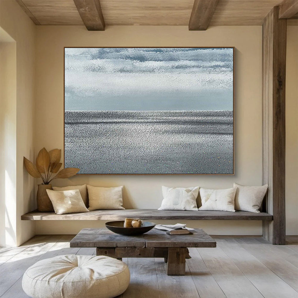 “Monochrome Sea & Sky” - Gray, White Minimalist Seascape Painting On Canvas DKH749