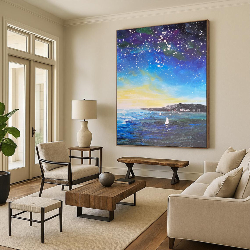 “Celestial Coastal Sail: Impressionist Night Sky Art” - Impasto Oil on Canvas CT1902