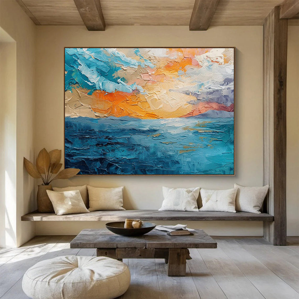 “Textured Seaside Sunset” Impasto Oil Painting On Canvas DKH503