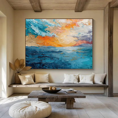 “Textured Seaside Sunset” Impasto Oil Painting On Canvas DKH503