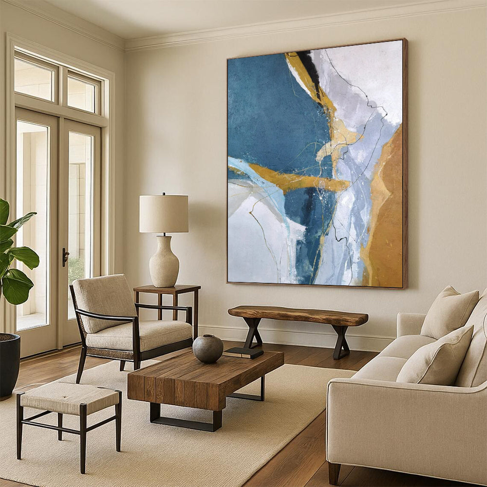 “Blue, Gold & White Linear Abstract” - Abstract Painting On Canvas CT2332