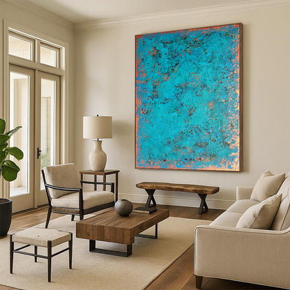 “Turquoise & Copper Textured Abstract” - Abstract Painting On Canvas CT2323