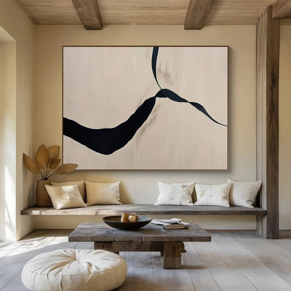 Beige and Black Abstract “Simple Elegant Flow” Painting On Canvas DKH145