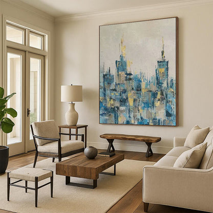 “Cityscape in Blue and Gold” – Impressionistic Urban Oil CT2080