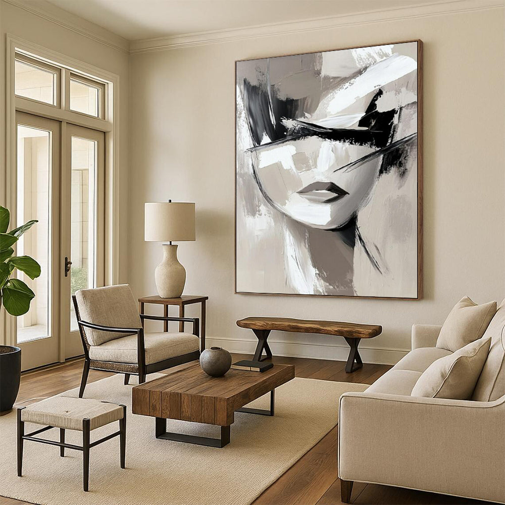 “Monochrome Abstract Face” - Black, White & Gray Abstract Portrait Painting On Canvas CT2193