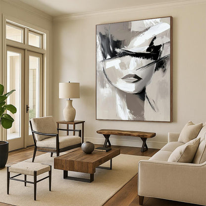 “Monochrome Abstract Face” - Black, White & Gray Abstract Portrait Painting On Canvas CT2193