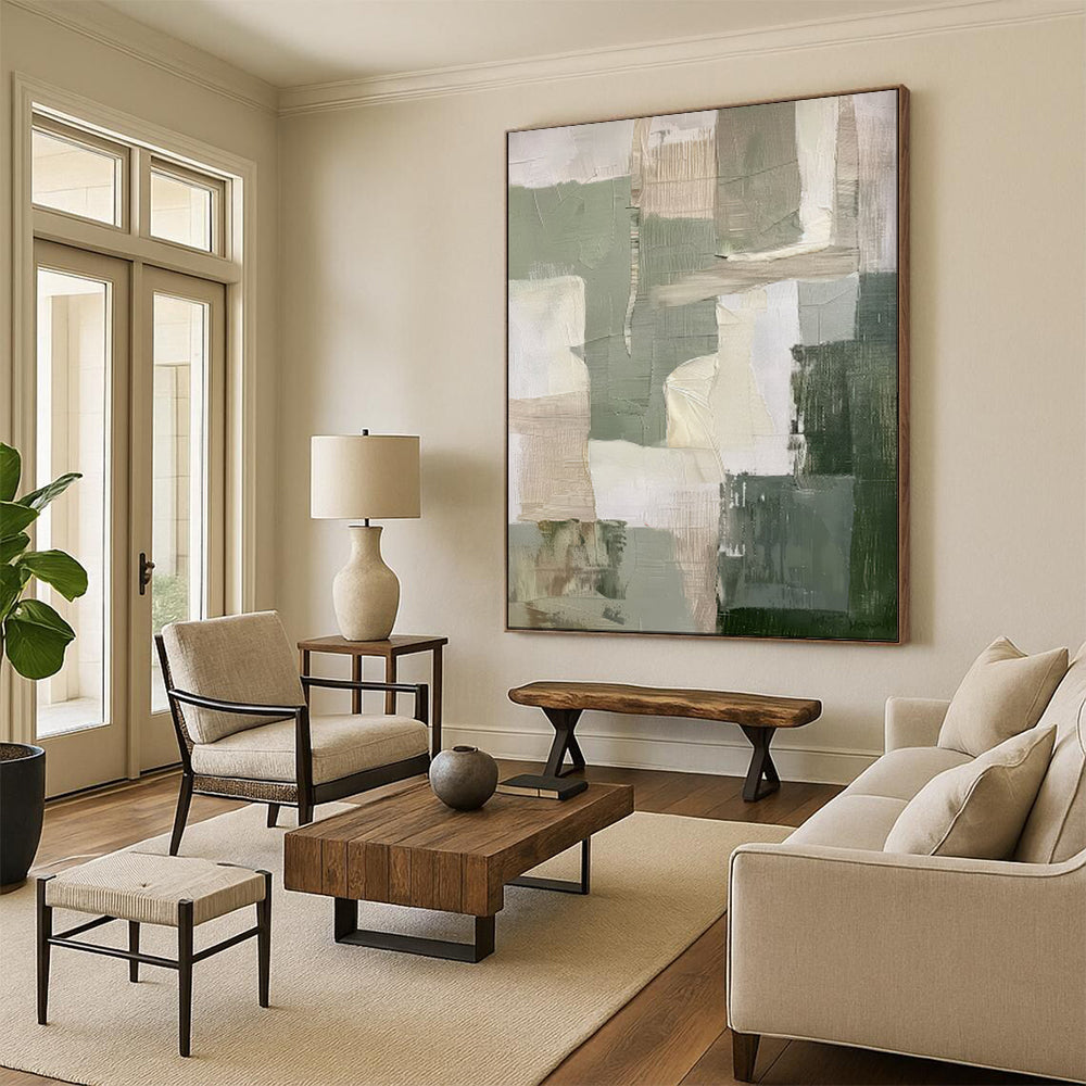 “Earthy Tones Patchwork” – Abstract Geometric Oil Painting with Green and Beige Blocks CT2053