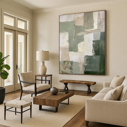 “Earthy Tones Patchwork” – Abstract Geometric Oil Painting with Green and Beige Blocks CT2053