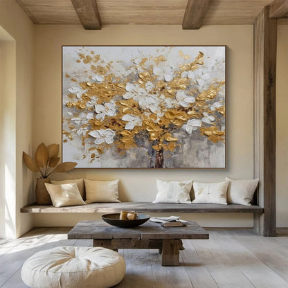 Gold and White Flower Tree - Impasto Floral Painting On Canvas DLZ246