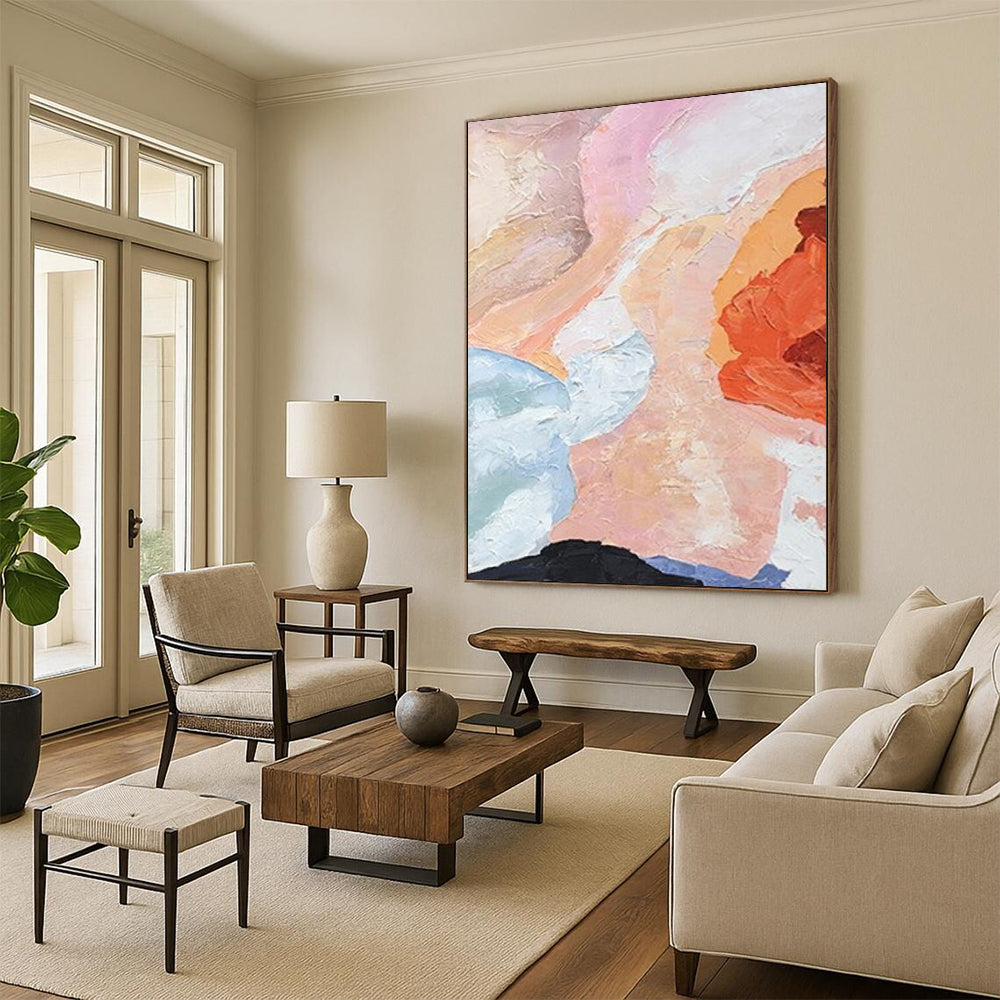 “Soft - Toned Abstraction” - Pink, Blue, Peach Gentle Shapes Painting On Canvas DTP275