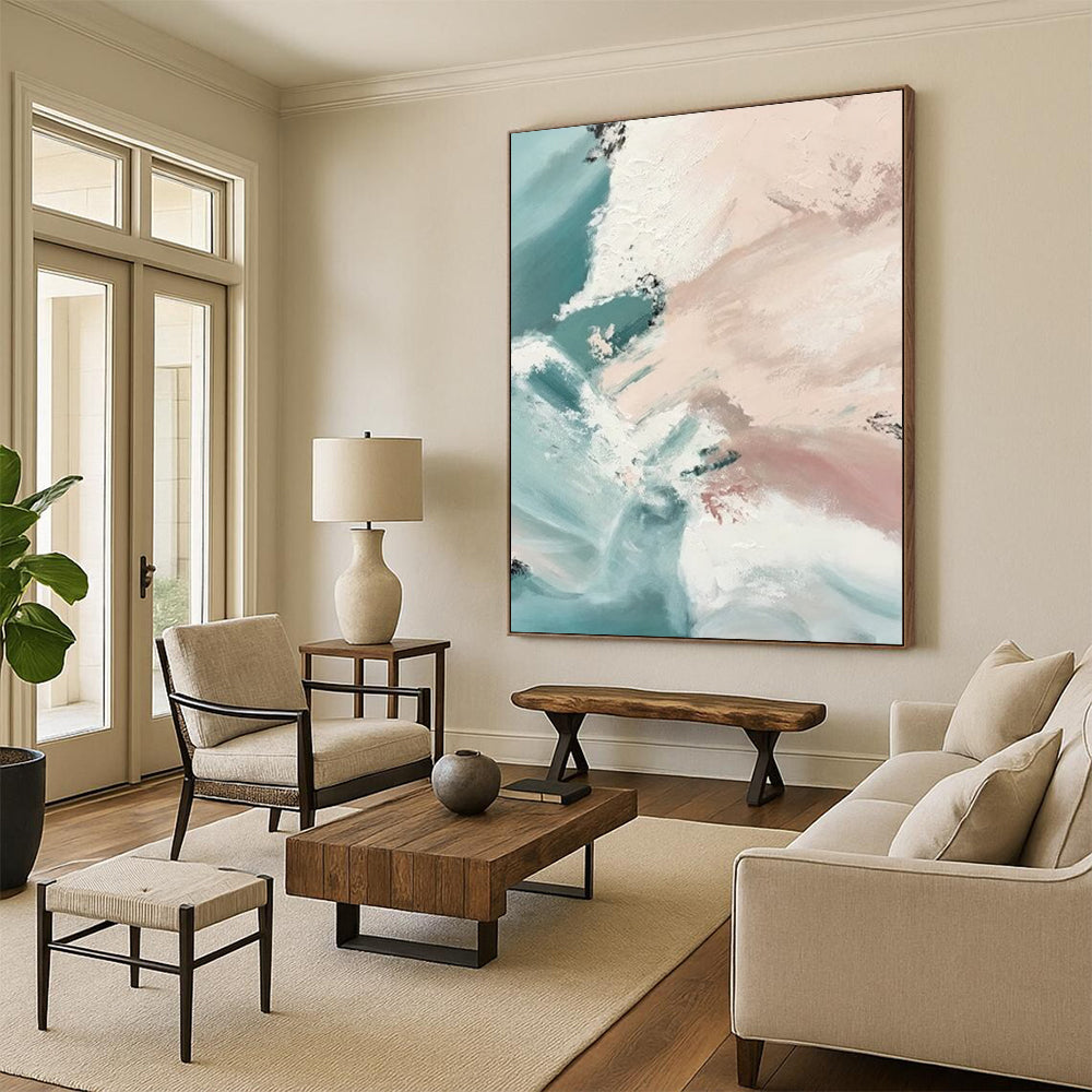 “Blush - Teal Flow” - Blush, Teal, White Fluid Shapes Painting On Canvas DTP277
