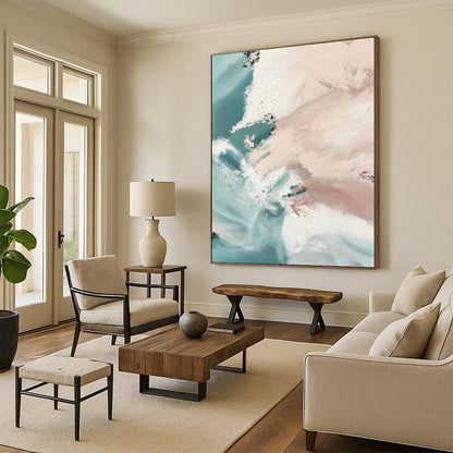 “Blush - Teal Flow” - Blush, Teal, White Fluid Shapes Painting On Canvas DTP277