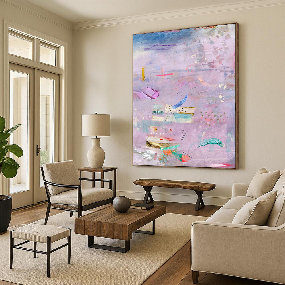 Purple, Mixed Media Collage - "Dreamy Patchwork" - Mixed - media Abstract Art CT1855