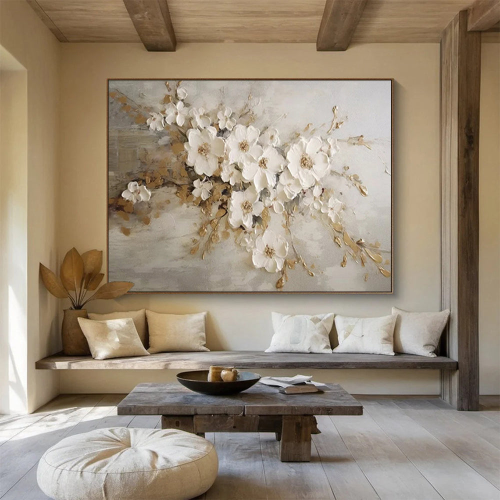 White Flowers with Gold Accents Textured Painting On Canvas DKH250