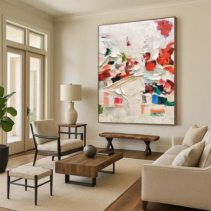 Red - Accented Thick Textures, “Blush & Bold” - Textured Abstract Oil Painting CT0731