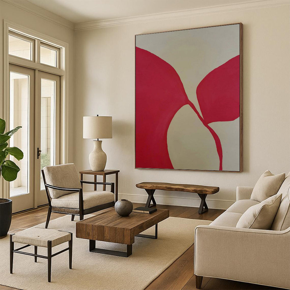 “Red Petal - like Forms on Light Background” - Minimalist Abstract Painting On Canvas DKH1080