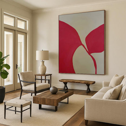 “Red Petal - like Forms on Light Background” - Minimalist Abstract Painting On Canvas DKH1080