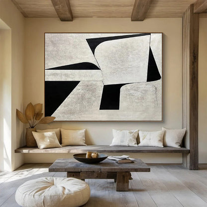 Monochrome Geometric Contrast in Gray and Black, Abstract Cubist - Inspired Painting On Canvas DKH582