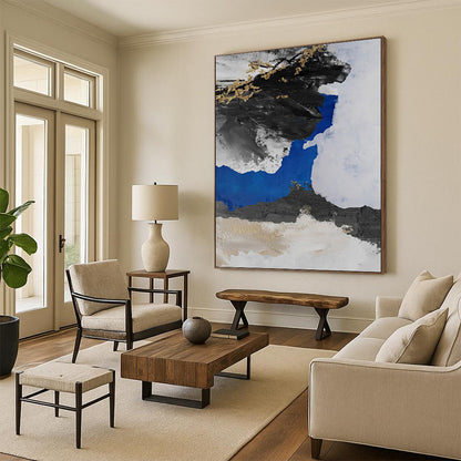 “Black - Blue - Gold Abstract Ink - Inspired” Painting On Canvas DKH1231