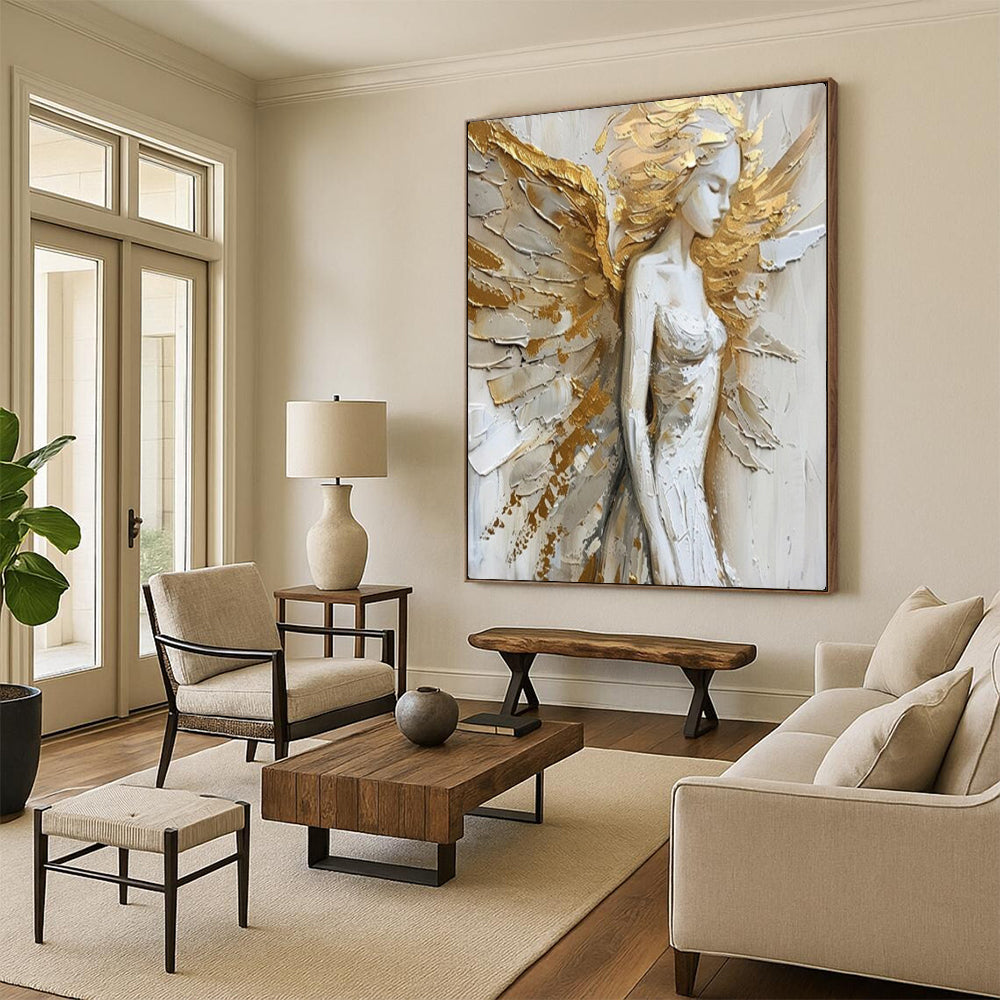 “Golden - Accented Angel Figure” – Textured Religious - Inspired Oil Painting On Canvas CT2138
