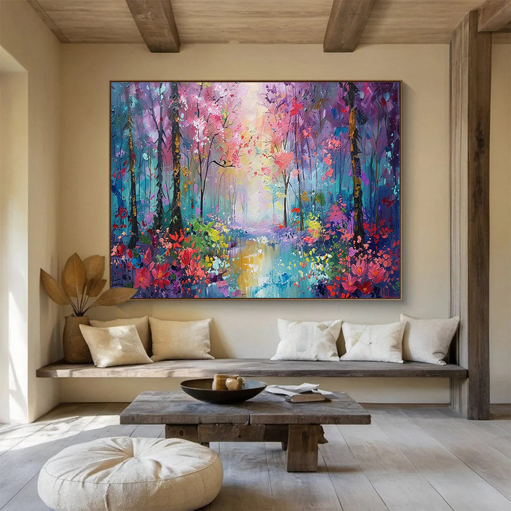 “Enchanted Colorful Forest” - Vivid Multicolor Impressionistic Landscape Painting On Canvas DKH765