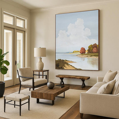 Serene Riverbank in Soft Blues and Greens - Landscape Painting On Canvas DKH1436