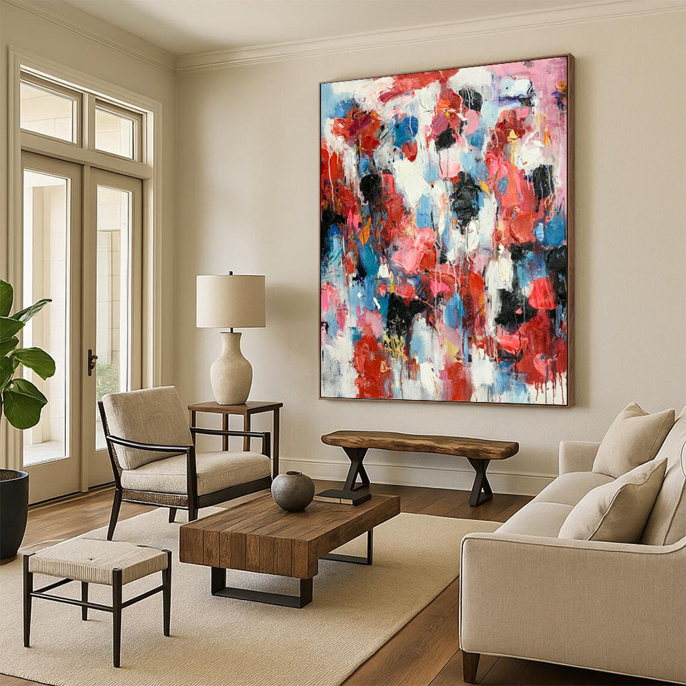 “Crimson & Blue Drip Symphony” - Red & Blue Abstract Expressionist Drip Painting On Canvas DKH1585