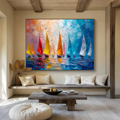 “Colorful Sailboats on Textured Sea” - Energetic Marine Painting On Canvas DKH800