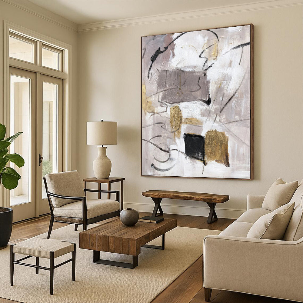 Neutral Abstract with Gold Accents - Minimalist Abstract Painting On Canvas DKH1285